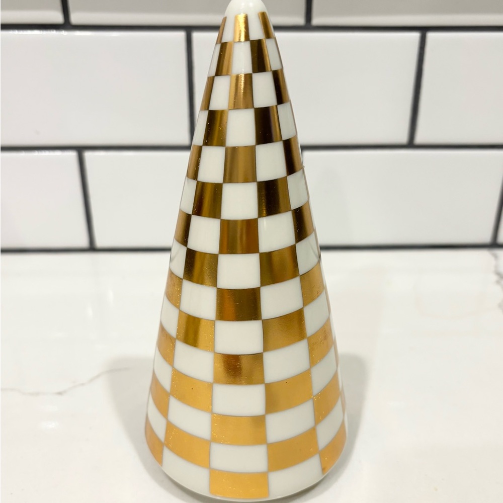 BECKI OWENS Gold White Checkered Ceramic Holiday Christmas Cone Tree